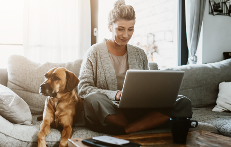Darstellung von einer Frau am Laptop und von einem Hund